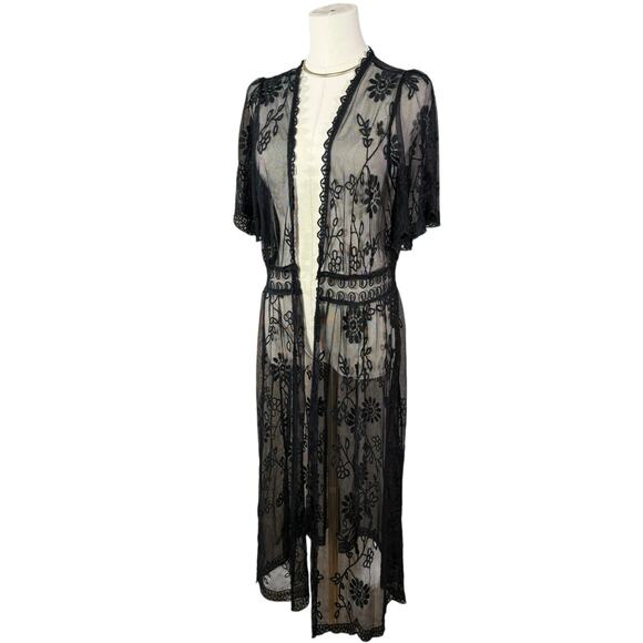 Black Sheer Lace Duster Kimono Cardigan Cotton Fairy Witchy Grunge Women’s Large - Picture 12 of 12